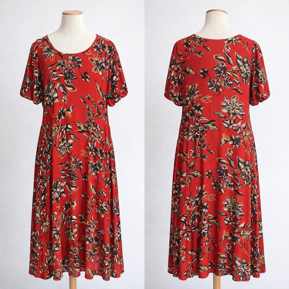 Woman Within Red/Orange Floral Rayon Maxi Length Dress Womens Large Short Sleeve